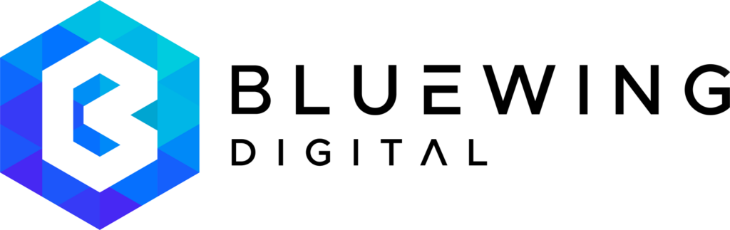 Bluewing Digital logo with a geometric blue hexagon emblem on the left and the text 'BLUEWING DIGITAL' on the right.