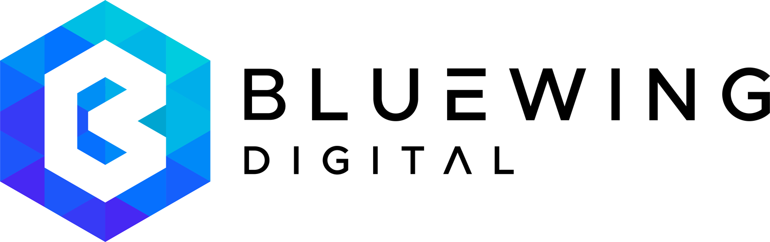 Bluewing Digital logo with a geometric blue hexagon emblem on the left and the text 'BLUEWING DIGITAL' on the right.